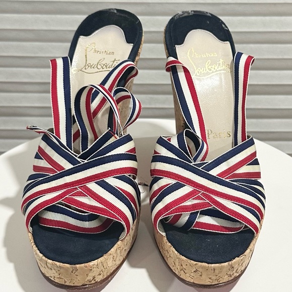 🌺CHRISTIAN LOUBOUTIN 🌺 Red White Blue Cork Wedges Size: 37.5 - Picture 3 of 11